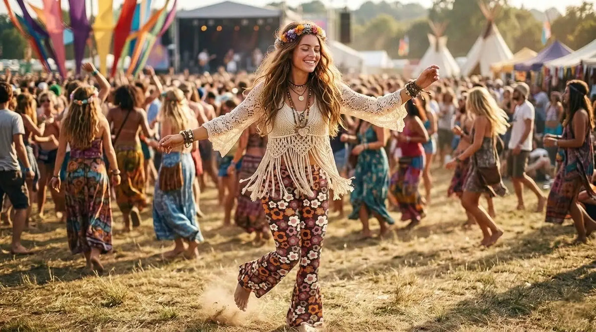 Frau mit geblümter Leggings und Häkeloberteil tanzt barfuß auf einem Sommerfestival mit vielen Menschen