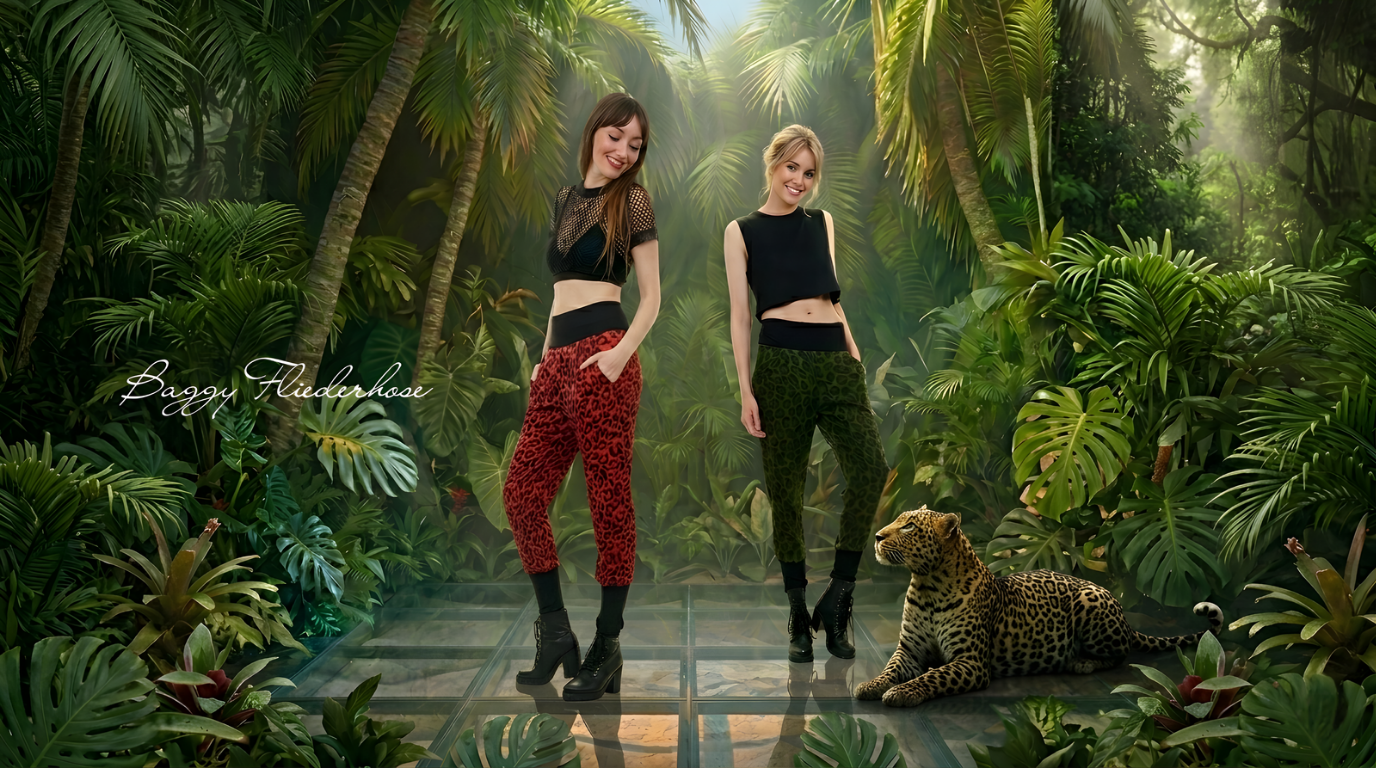 Zwei Frauen in bunten Baggyhosen mit Leopardenmuster stehen im Dschungel neben einer Raubkatze.