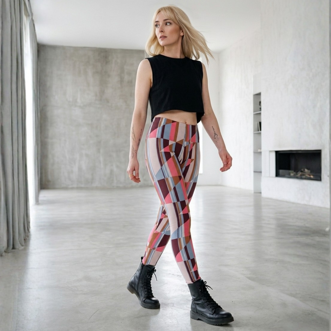 Frau trägt bunte, gemusterte Leggings und schwarzes Crop-Top in modernem, hellen Raum.