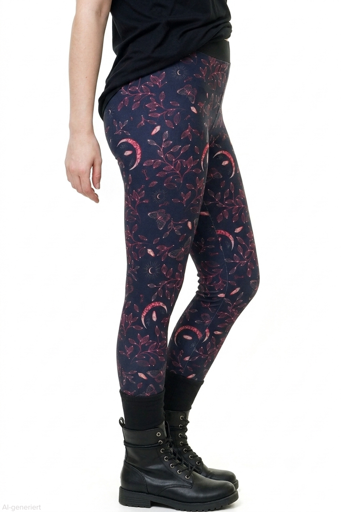 Leggins Love Baumwoll-Leggings in Dunkelblau mit Nachtelementen, Monden und floralen Mustern