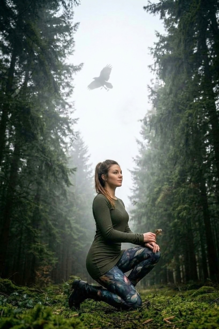 Frau in Leggins Love Black Diamond Leggings kniend in einem nebligen Nadelwald.