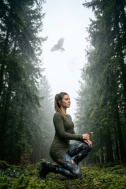 Frau in Leggins Love Black Diamond Leggings kniend in einem nebligen Nadelwald.