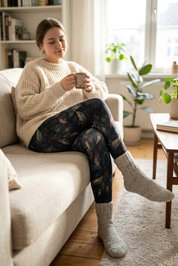 Frau im gemütlichen Wohnzimmer mit Leggins Baumwolle Black Diamond von Leggins Love.
