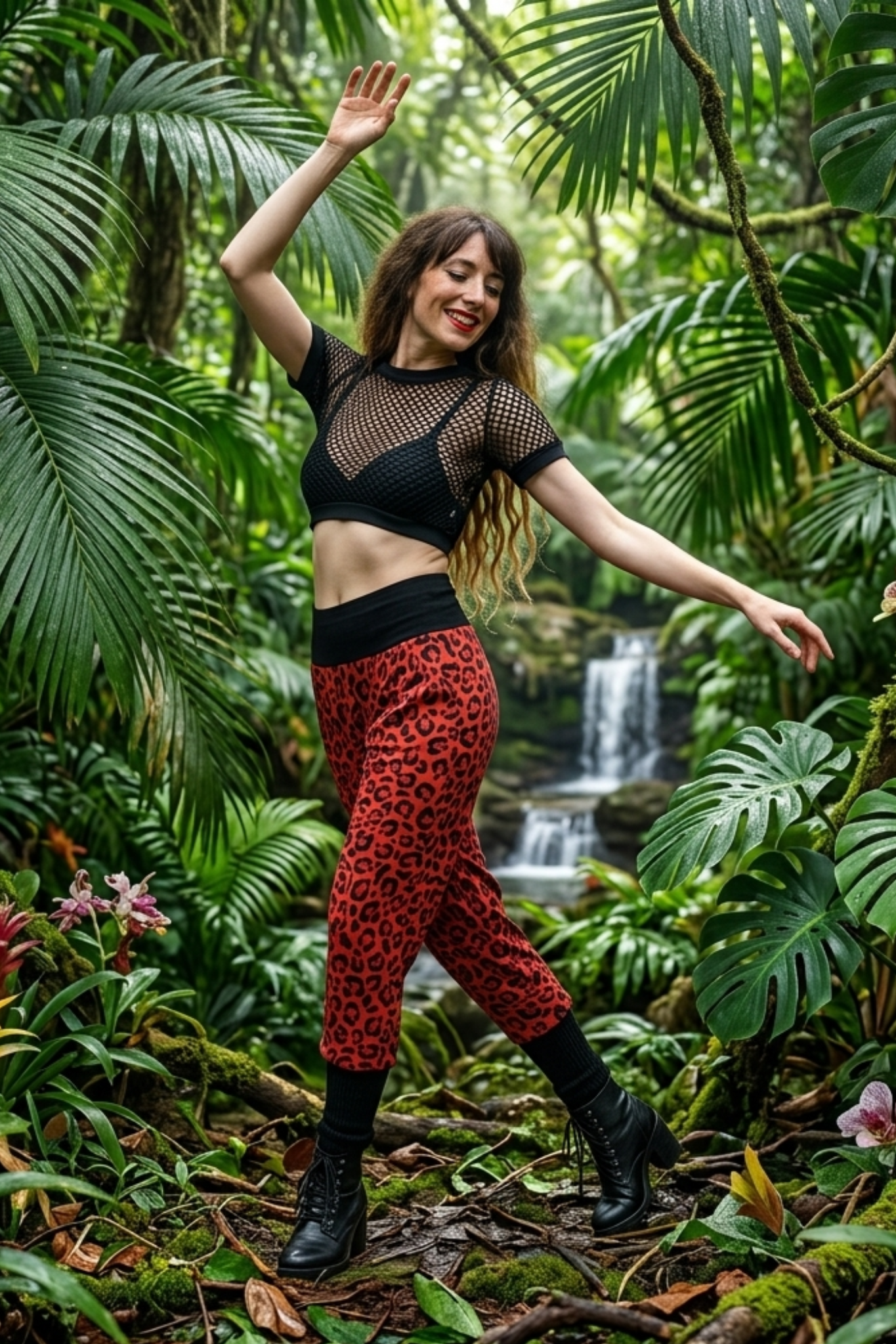 Frau in roter Leggings mit Leopardenmuster und schwarzem Netz-Top tanzt im tropischen Dschungel