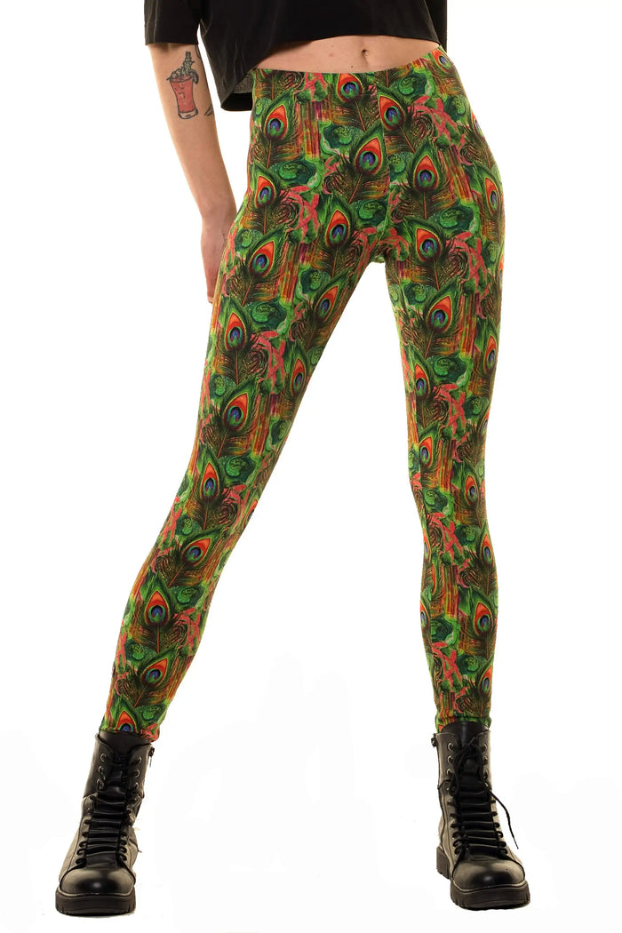 Bunte Baumwoll Leggings mit Pfauenfeder Muster, nachhaltig, auffällig, Damenmode