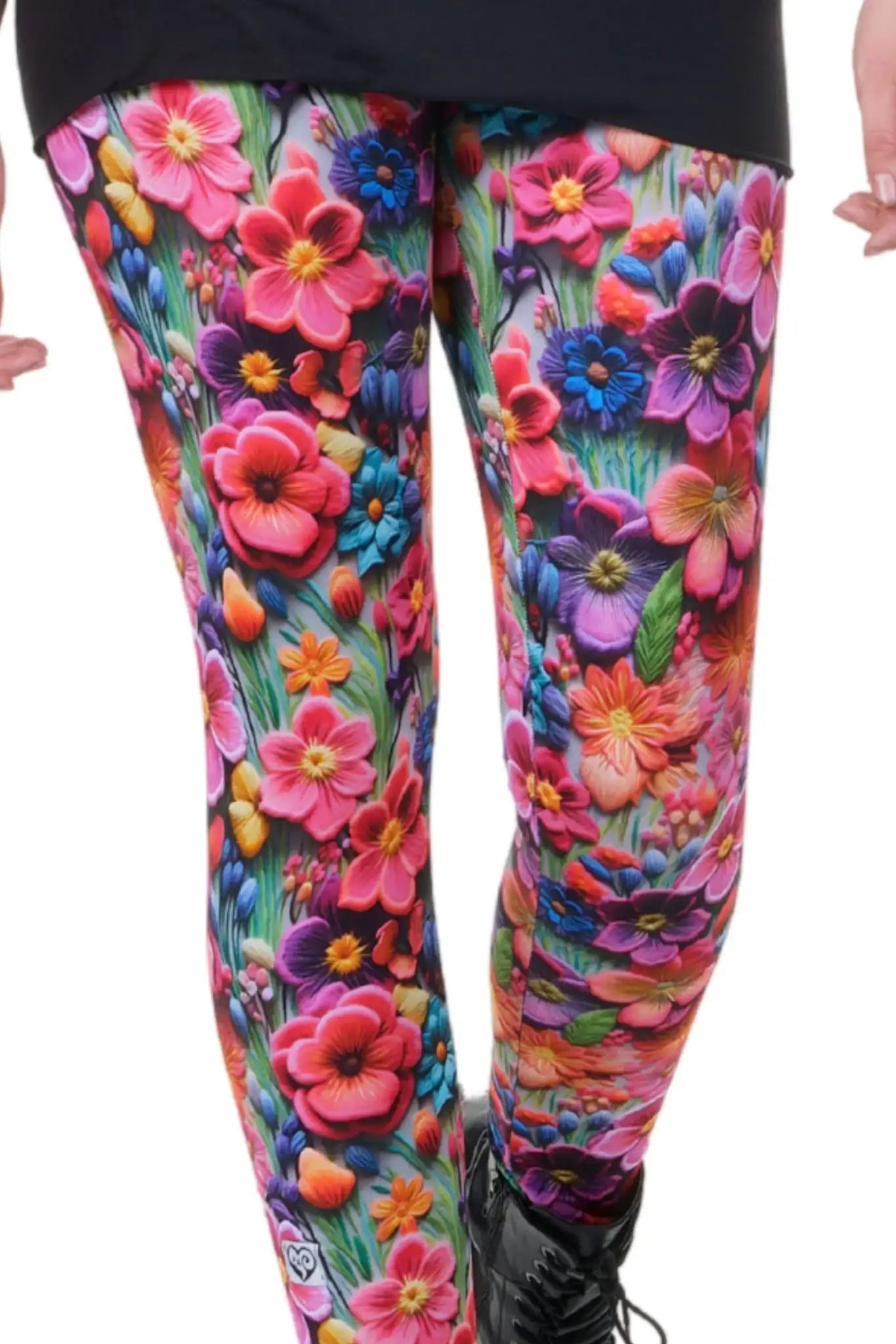 Bunte Leggings mit farbenfrohem Blumenmuster, nachhaltig gefertigt, Detailansicht