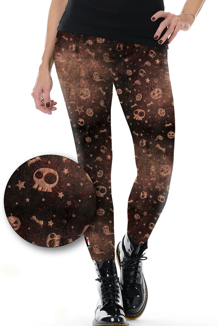 Damen Leggings mit Halloween-Muster aus Totenköpfen, Sternen und Geistern, schwarz-braun