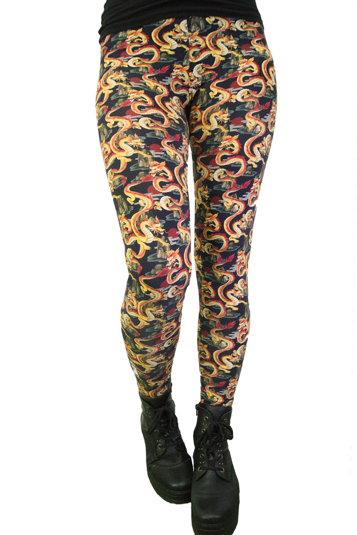Bunte Leggings mit Drachenmuster, figurbetont, nachhaltige Baumwolle, auffällig