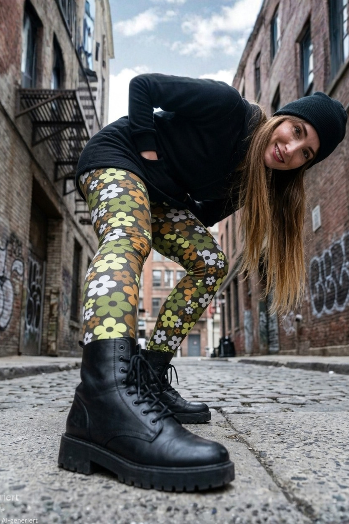 Frau in Leggins Love Flower Power Baumwoll-Leggings und schwarzen Boots in einer Gasse.