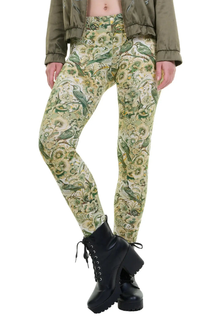 Damen Leggings mit grünem Vogel- und Blumenmuster, nachhaltig, modisch, Baumwolle