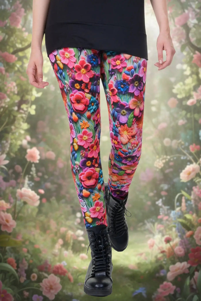 Bunte Baumwoll-Leggings mit Blumenmuster, getragen im Garten, kombiniert mit schwarzen Boots