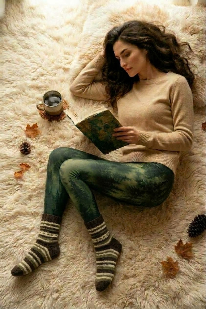 Grüne Baumwoll-Leggings Nebelwald mit nebligem Wald-Print, Seitenansicht