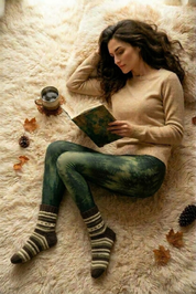 Grüne Baumwoll-Leggings Nebelwald mit nebligem Wald-Print, Seitenansicht