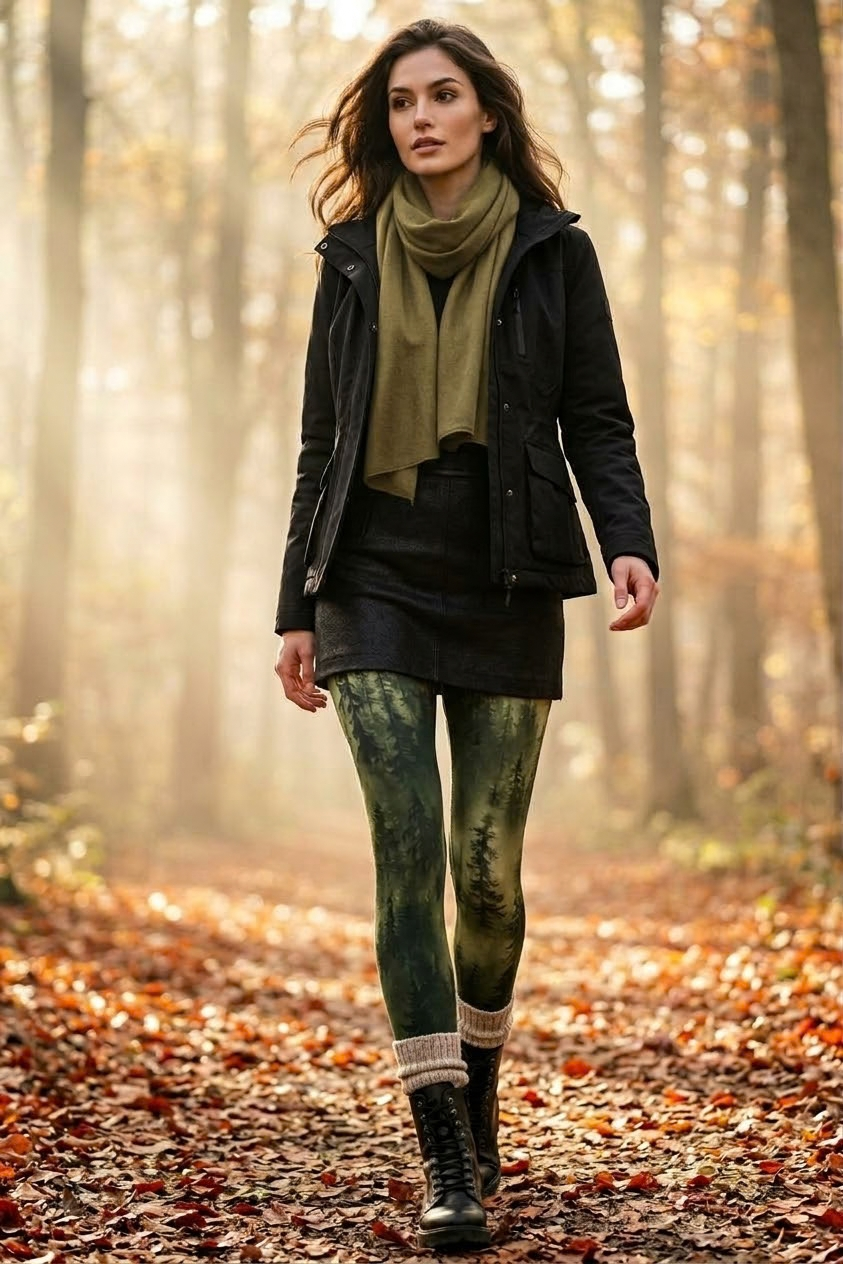 cool days Leggings Nebelwald aus warmer Baumwolle, Detail des Wald-Prints
