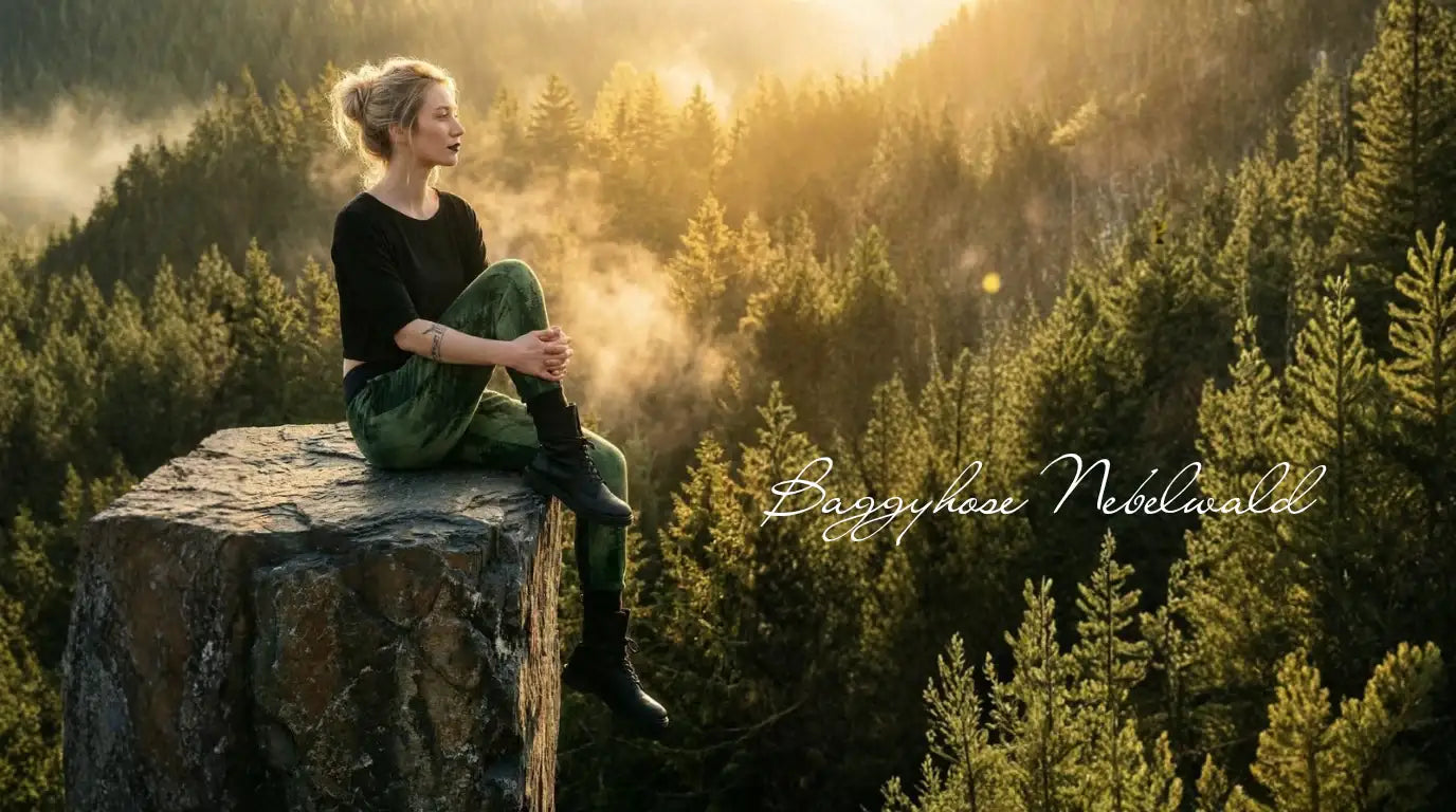Frau in grüner Baggyhose sitzt auf Felsen mit Blick auf nebeligen Wald bei Sonnenuntergang