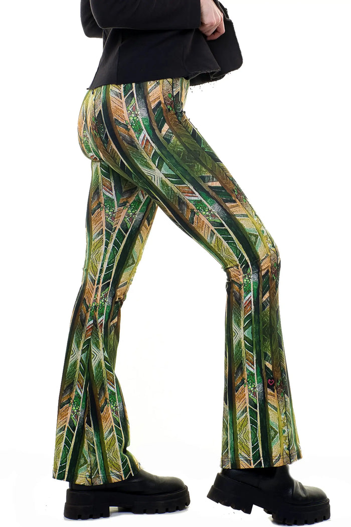 Schlagleggings Damen grün mit geometrischem Muster, Retro-Look, nachhaltige Baumwolle