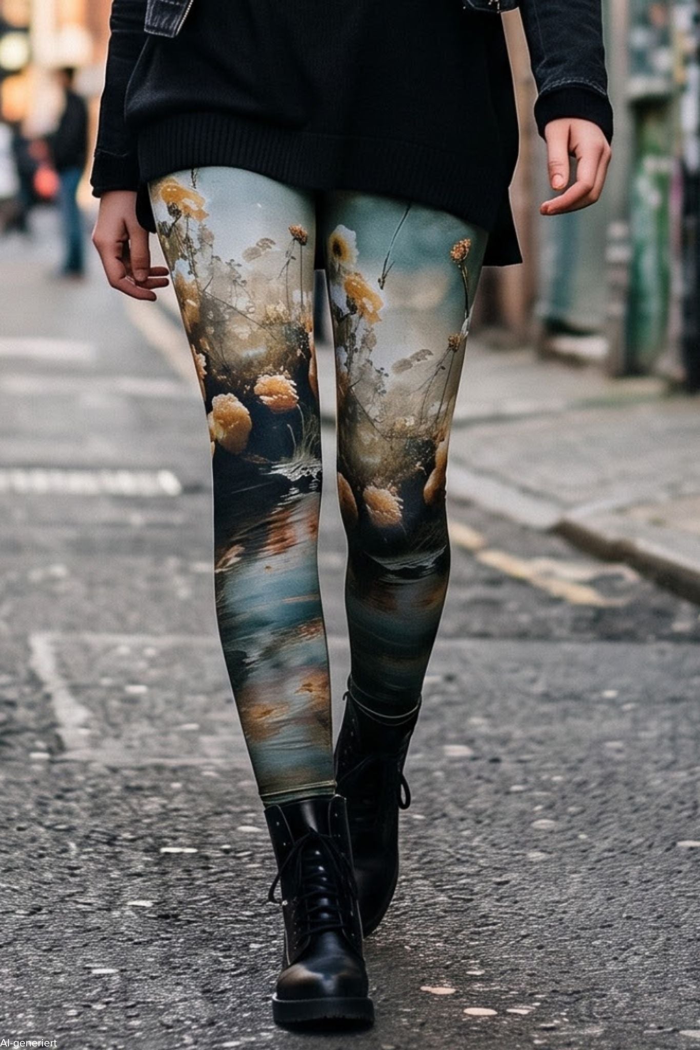 Gefütterte Leggings Damen mit Blumenmuster Teichrose