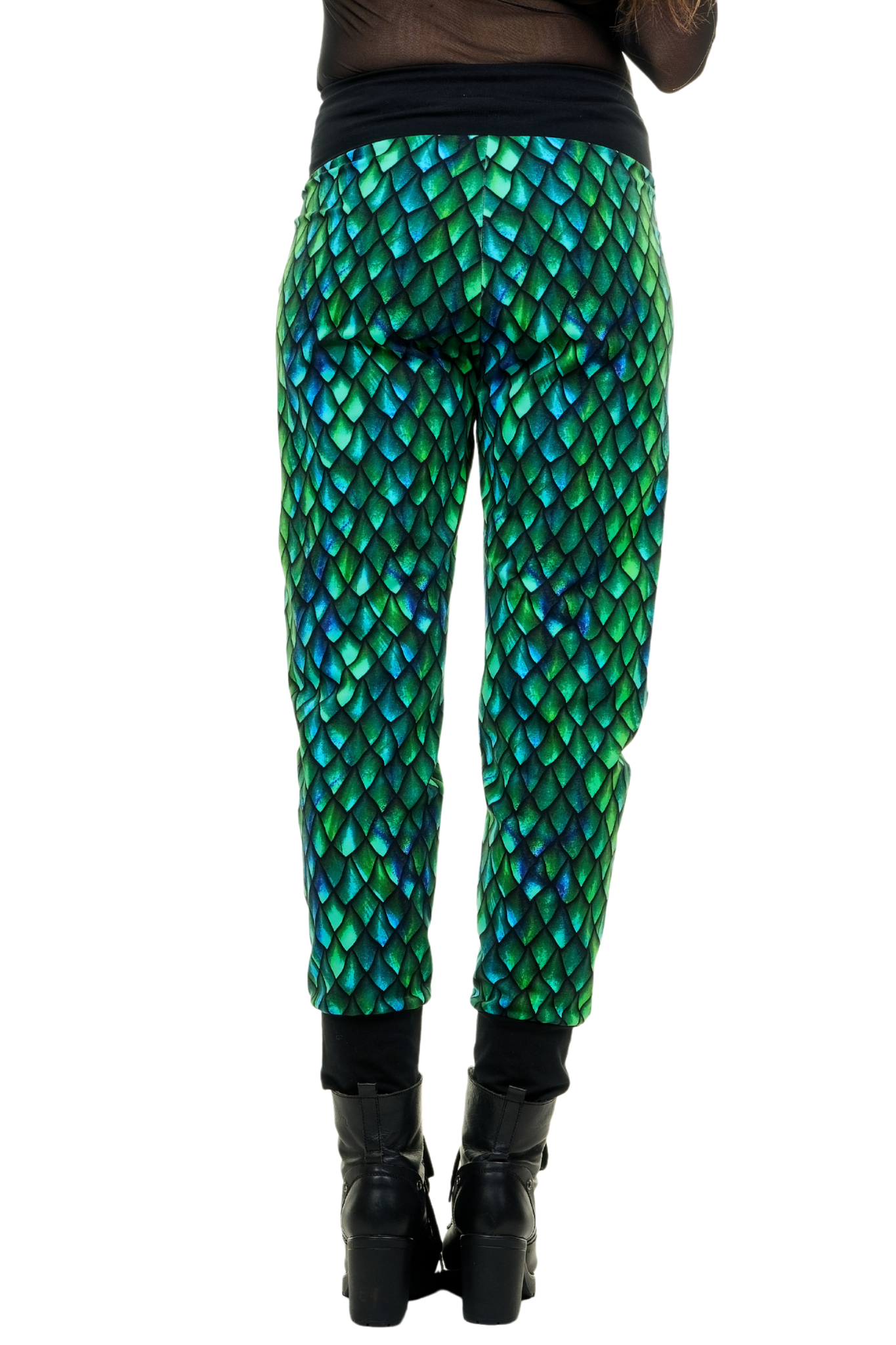 Damen Baggy-Hose mit blau-grünem Schuppenmuster, moderne Jogginghose, Rückansicht