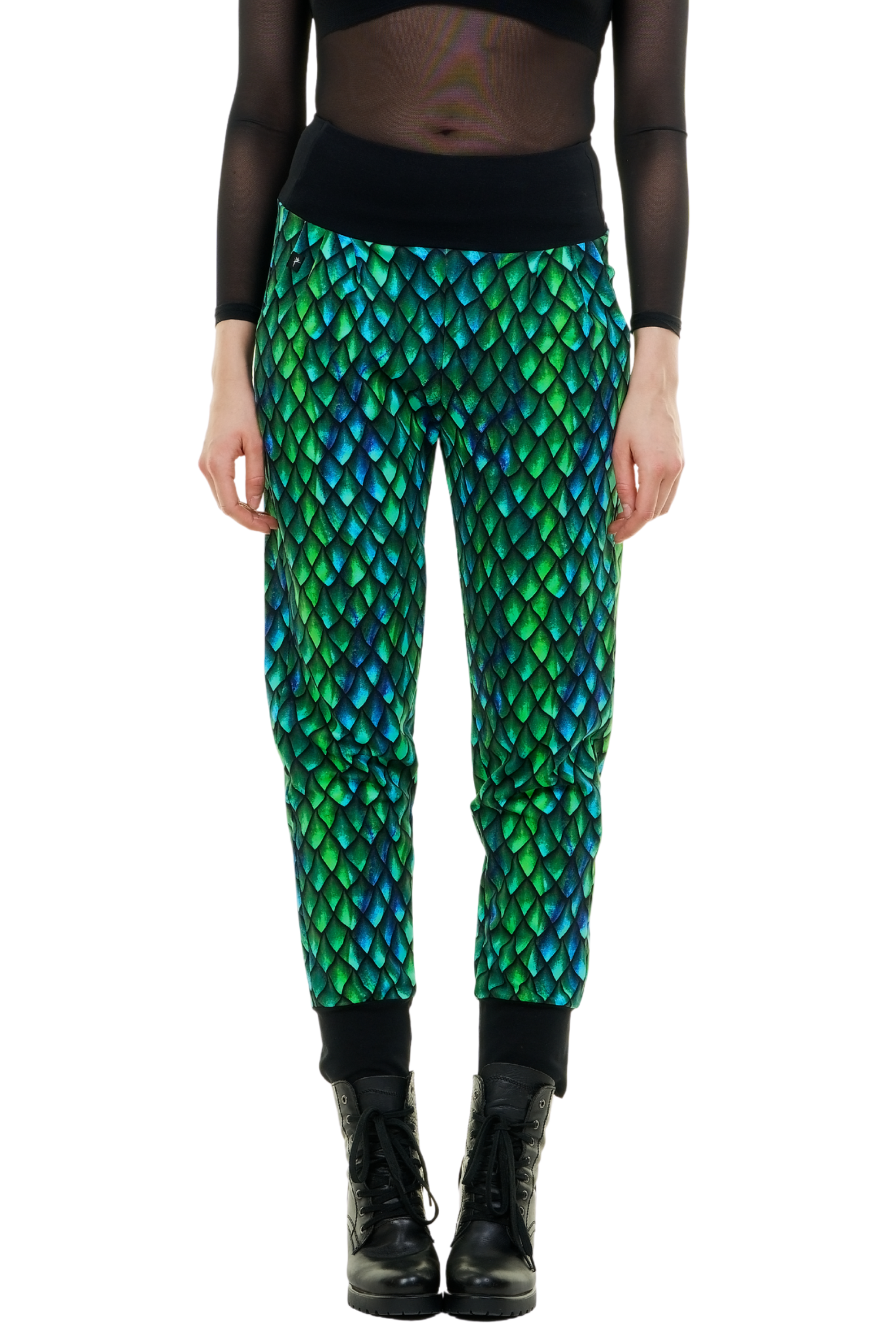 Damen Baggyhose mit blau-grünem Schuppenmuster, Jogginghose im modernen Design