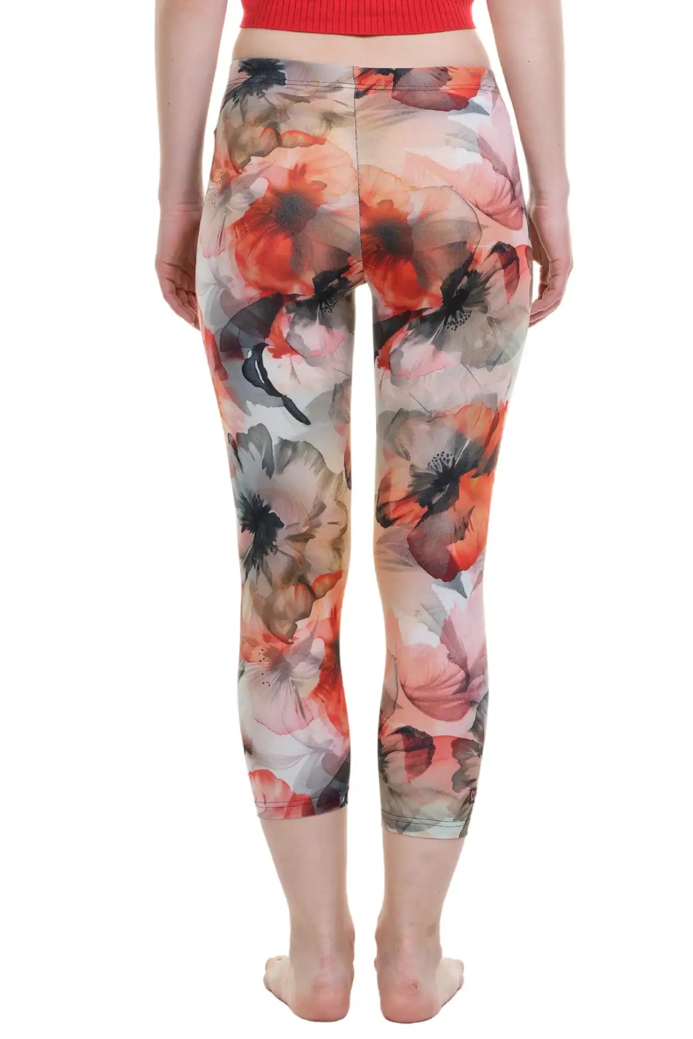 Damen Caprileggings mit buntem Blumenmuster, aus nachhaltiger Baumwolle, Rückansicht