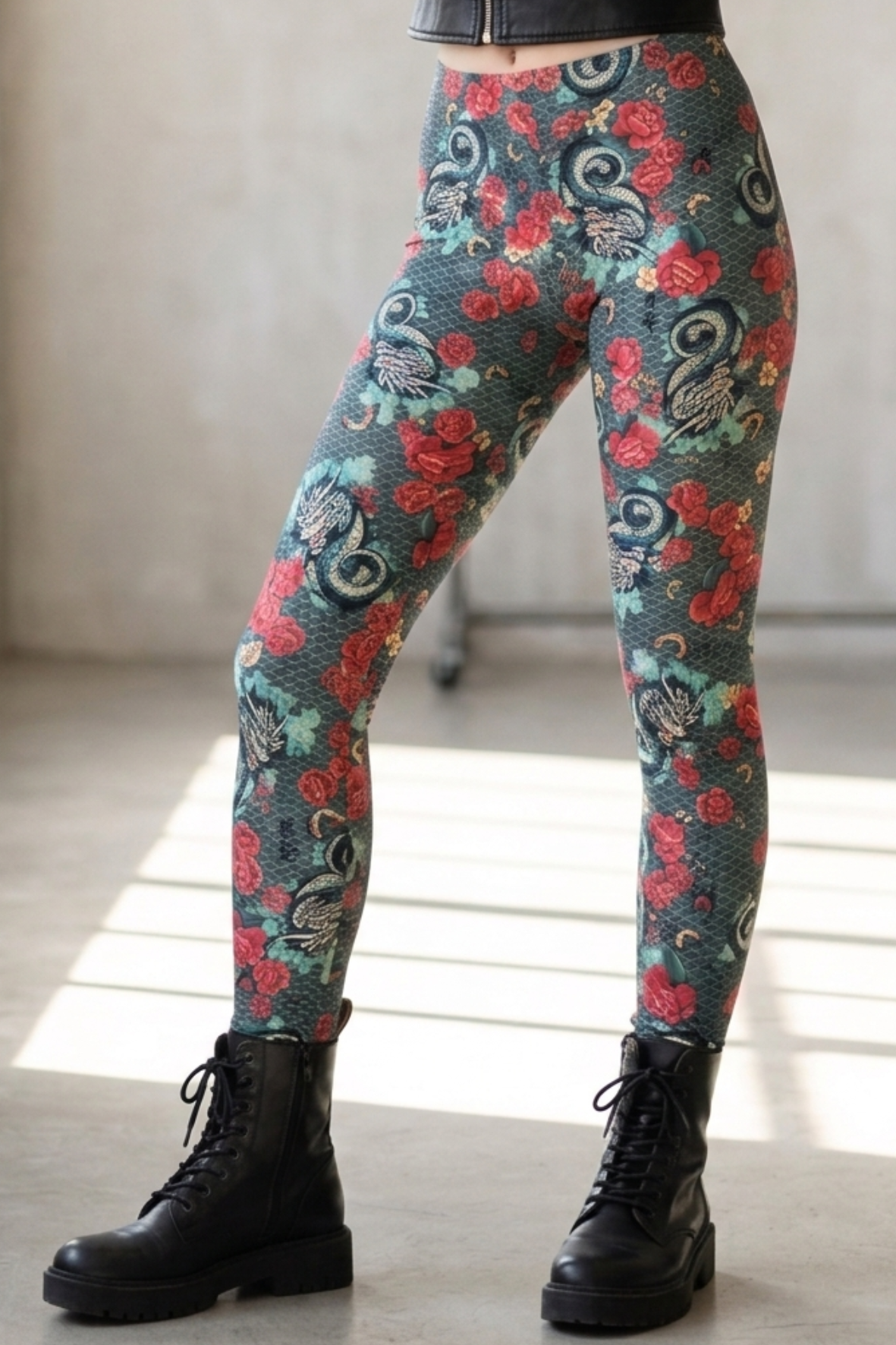Cotton Leggings Dragon & Roses