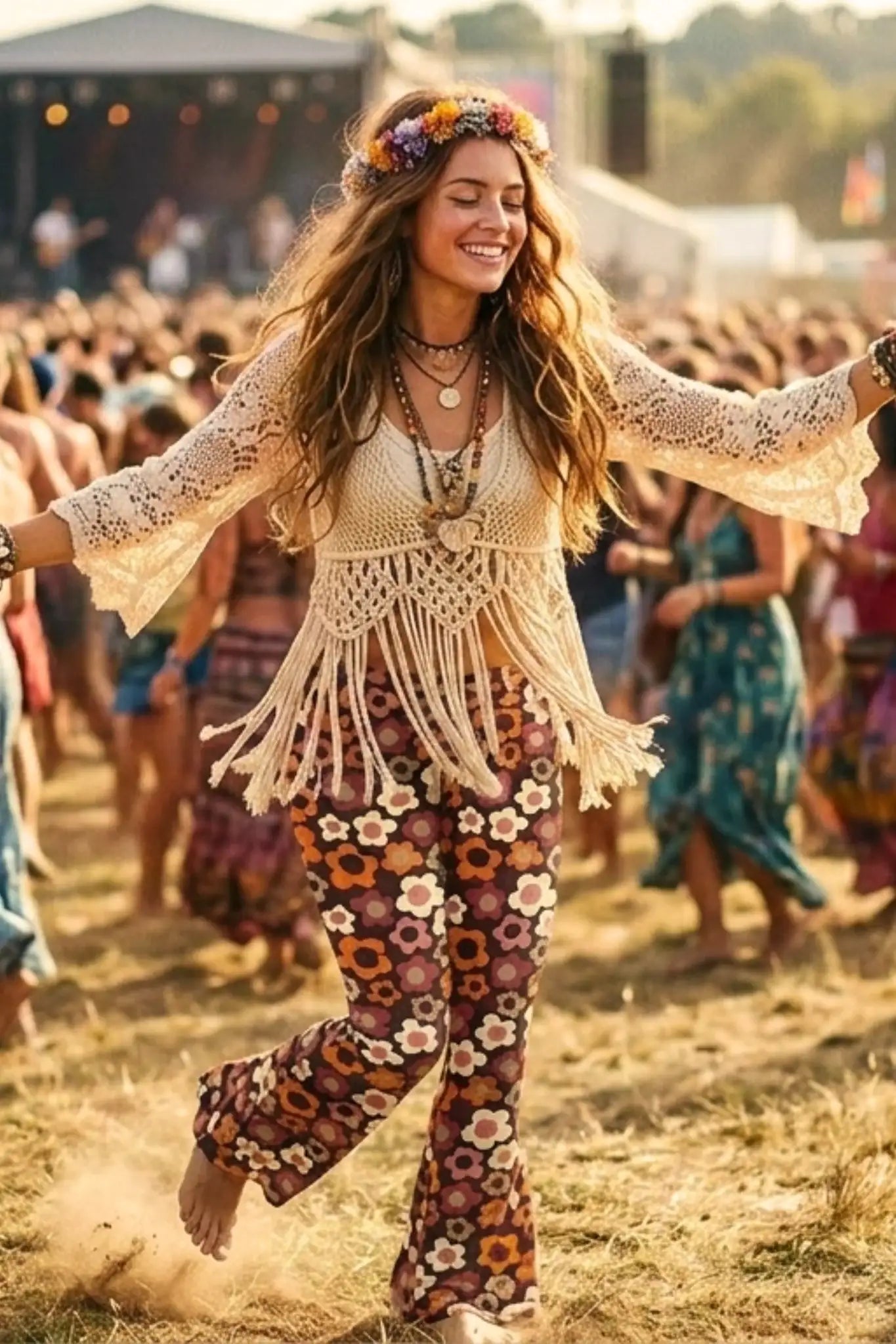 Glückliche Frau auf einem Musikfestival in der Natur, trägt eine Retro-Schlaghose mit Blumenmuster und ein schwarzes Crop-Top – Boho-Style von CURLIX.