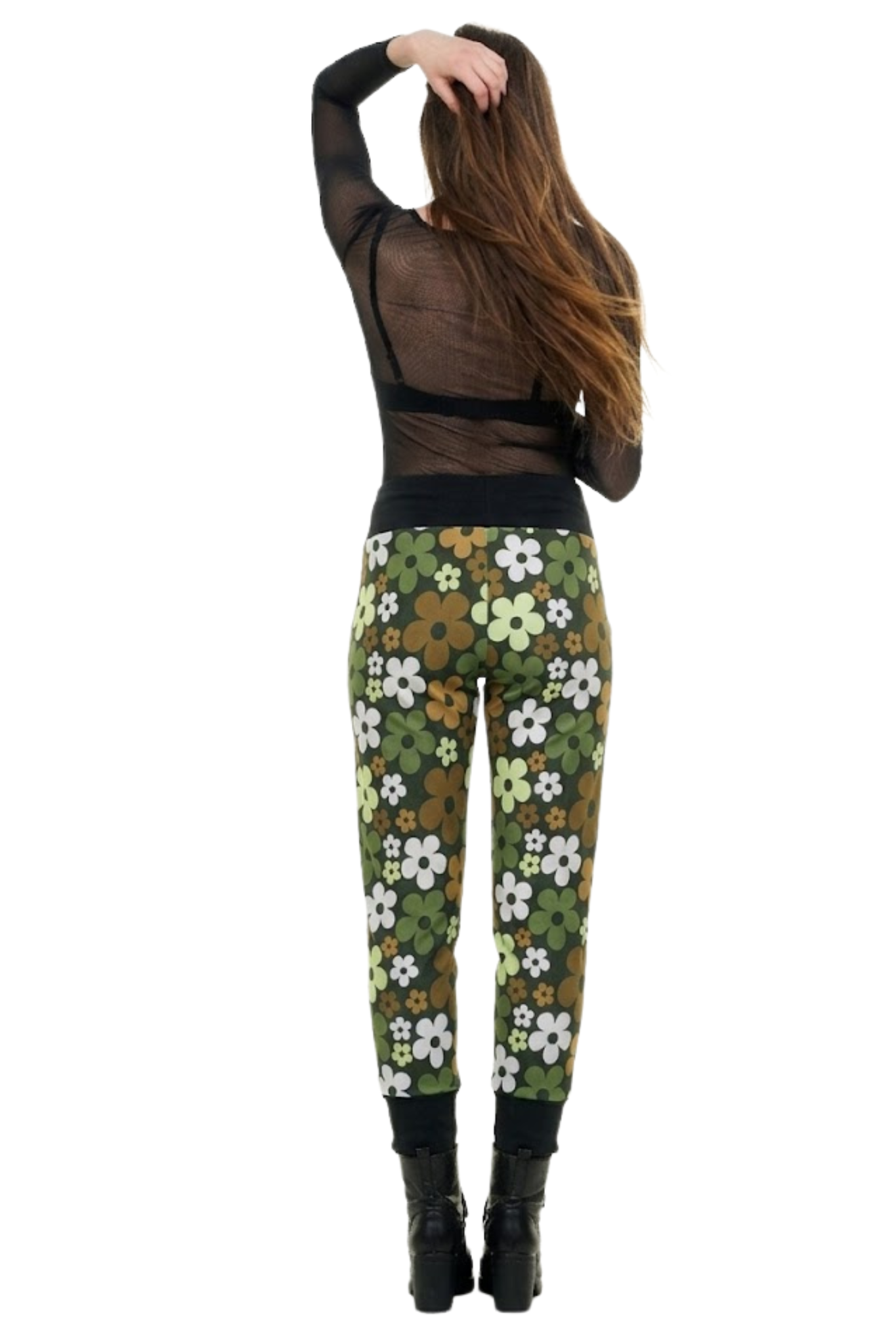 Damen Jogginghose Baggy mit buntem Blumenmuster in Grün- und Brauntönen, Rückansicht