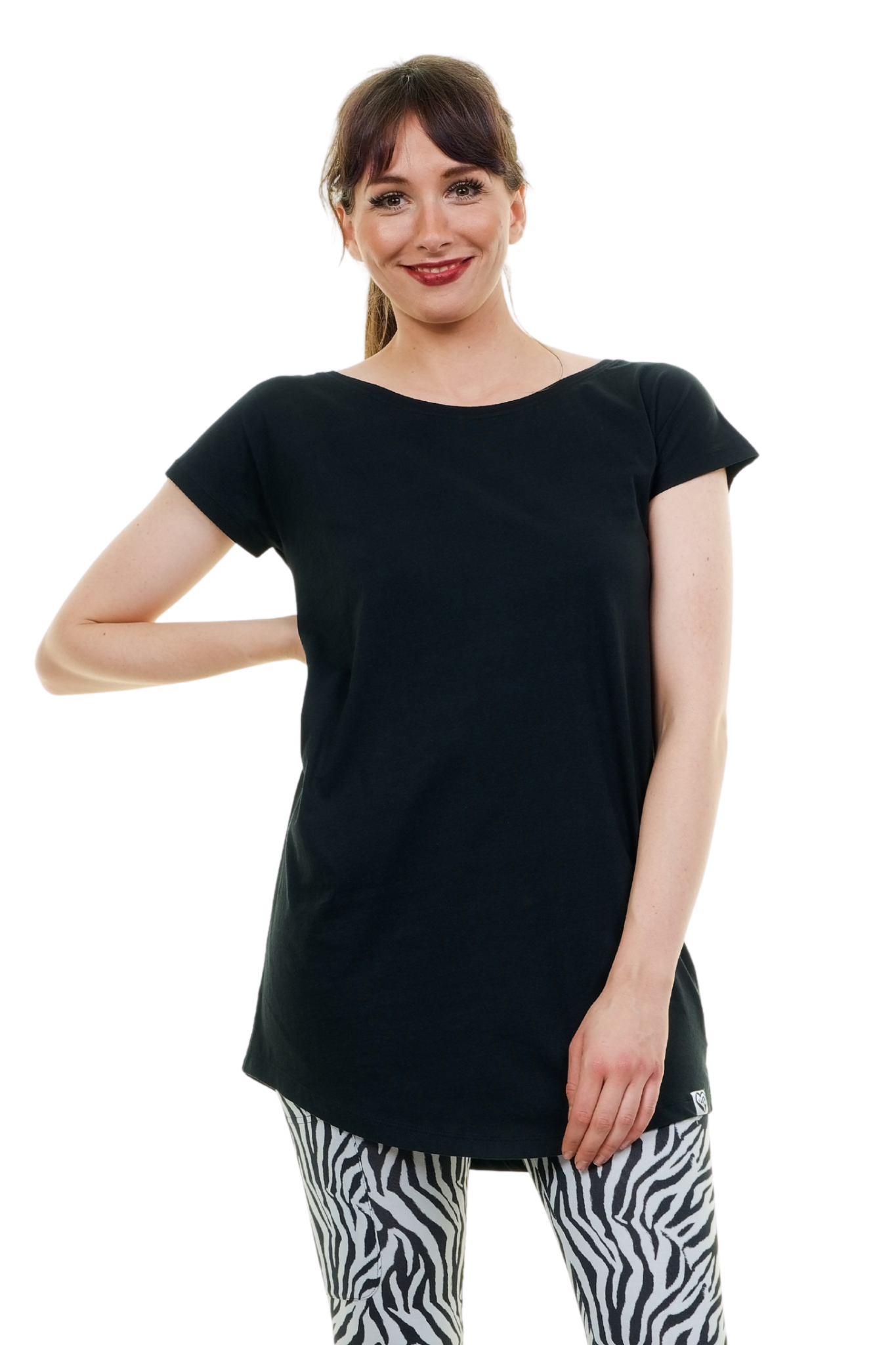 Schwarzes Curlix T-Dress Damen Longshirt aus Baumwolle mit weitem Rundhals-Ausschnitt