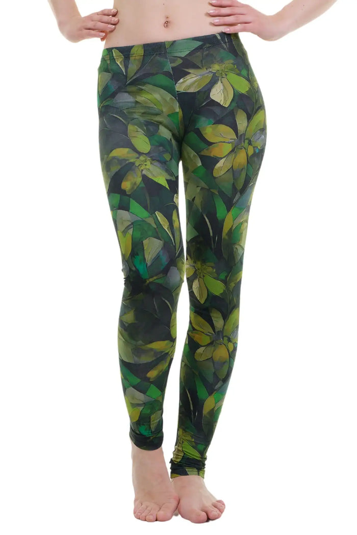 Damen Leggings mit grünem tropischem Blumenmuster, nachhaltig gefertigt