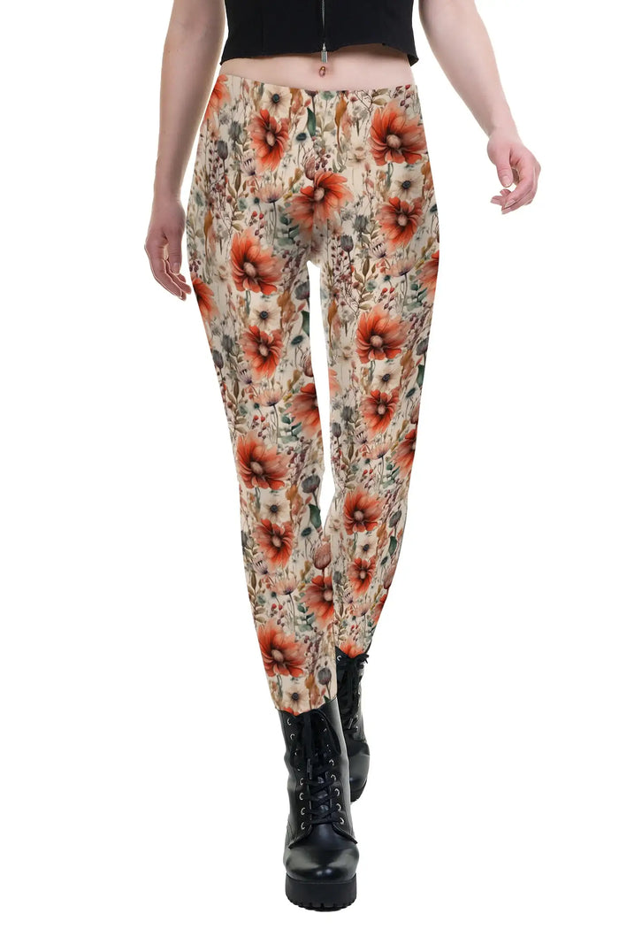 Damen Leggings mit buntem Mohnblumen-Blumenmuster, nachhaltig, figurbetont