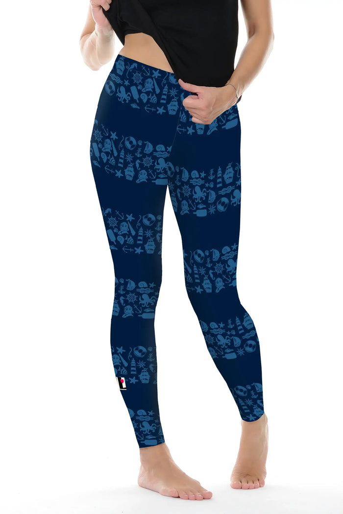 Dunkelblaue Leggings mit maritimen Mustern für Damen, nachhaltige Baumwolle, Fußfrei