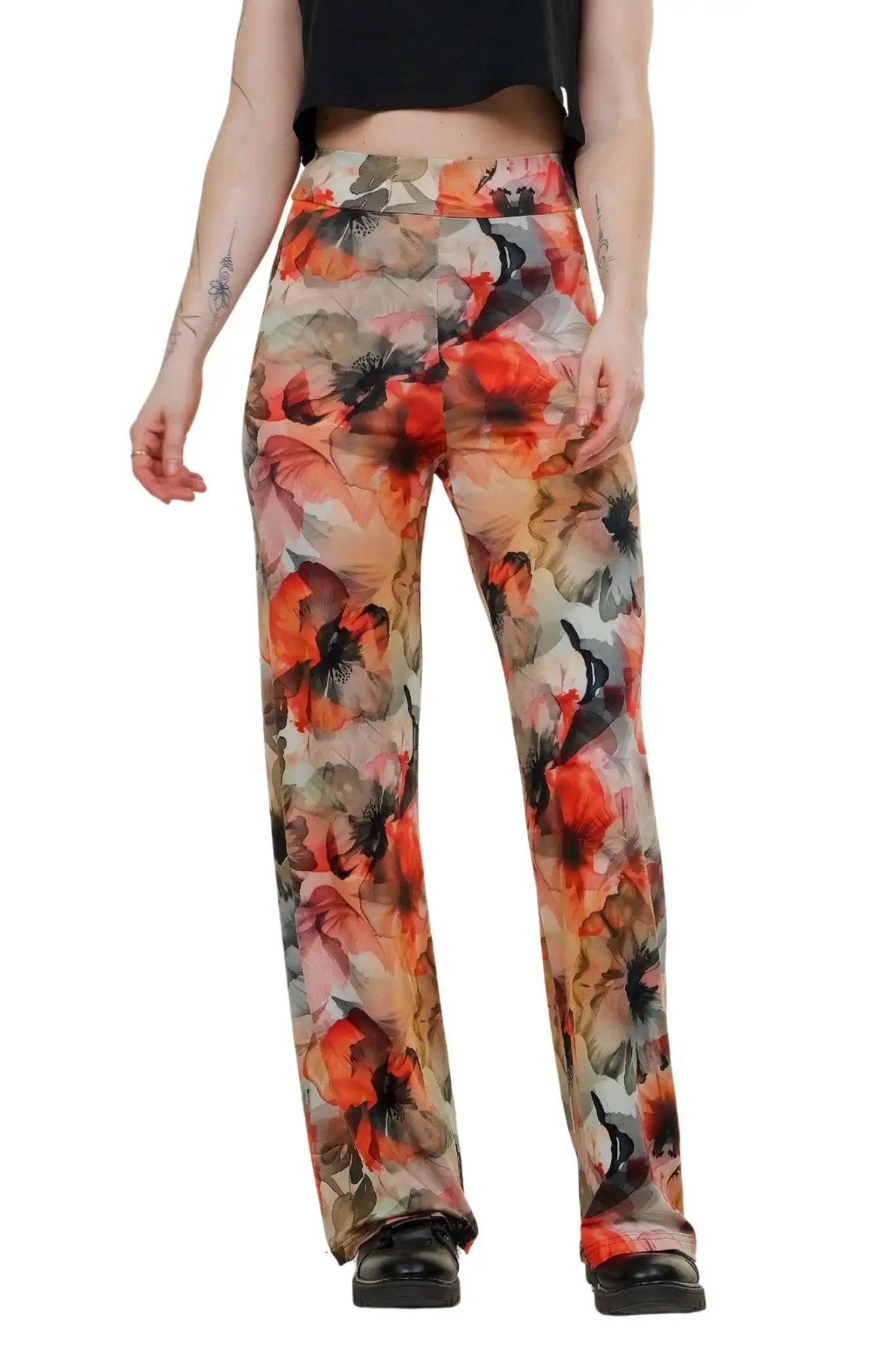 Damenhose aus Baumwolle mit buntem Blumenmuster, gerade geschnitten, Frontansicht