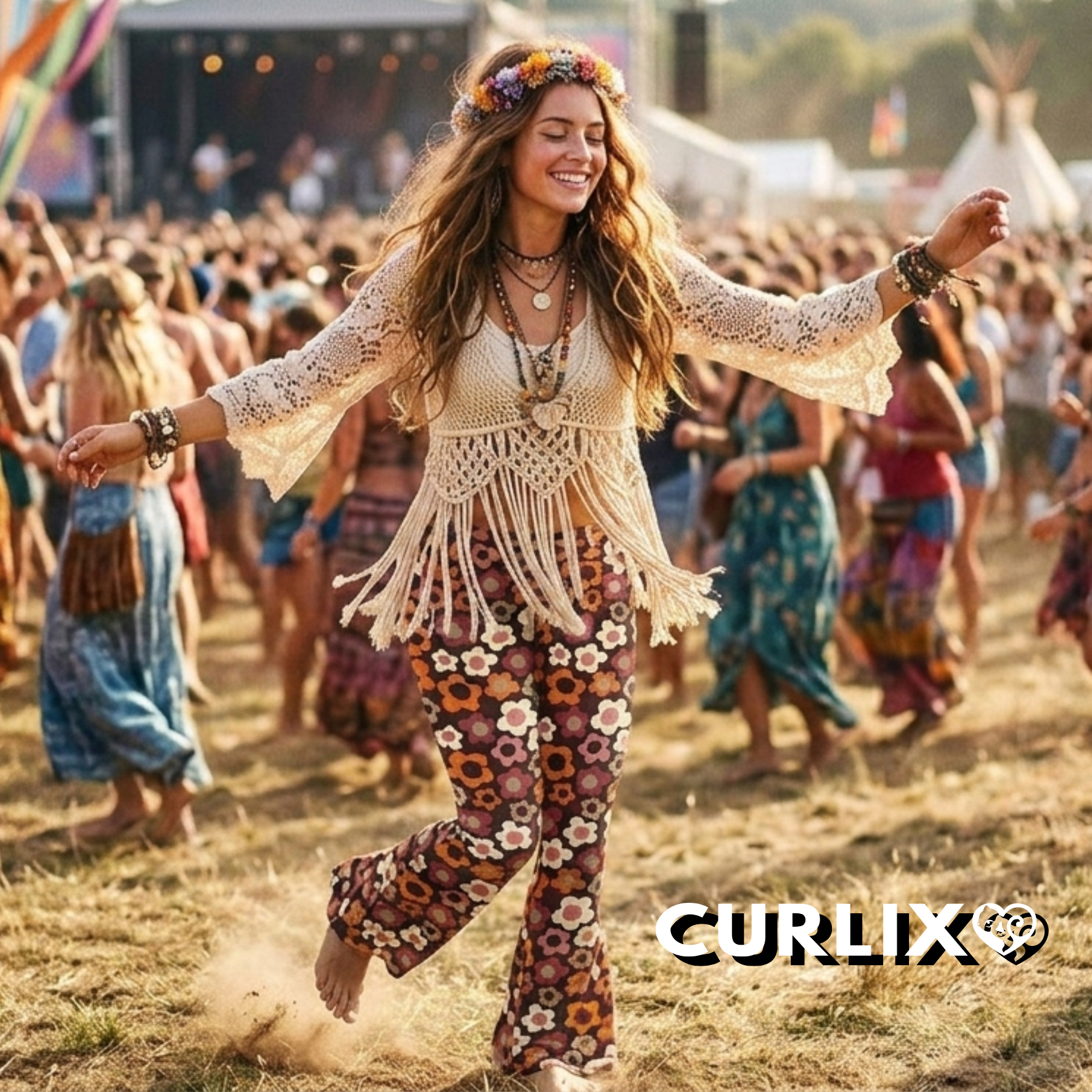 Vintage Flower Power Schlaghose für Festivals und Boho-Looks – Marke: CURLIX