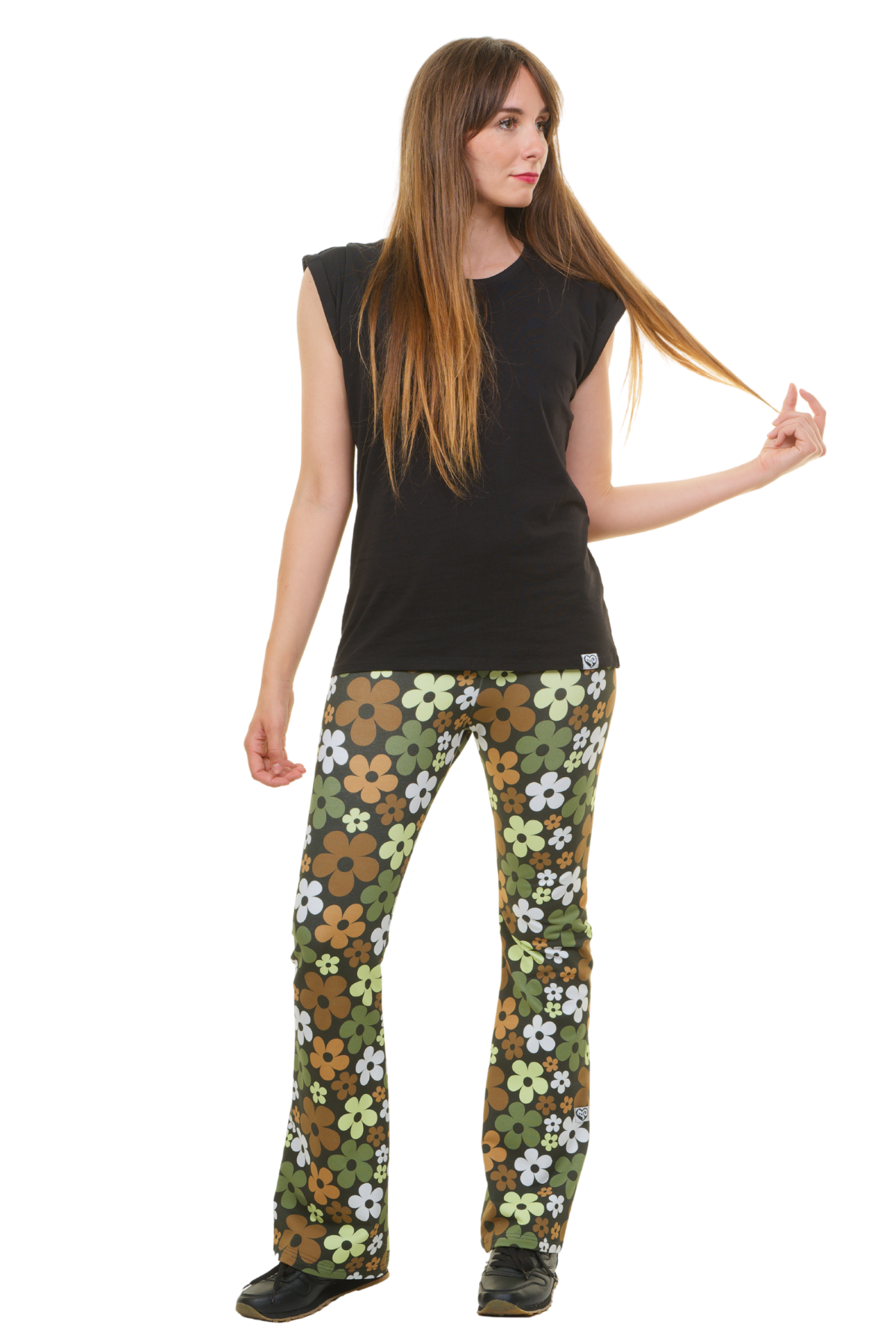 Flare Leggings cool days - Retro Flower olive